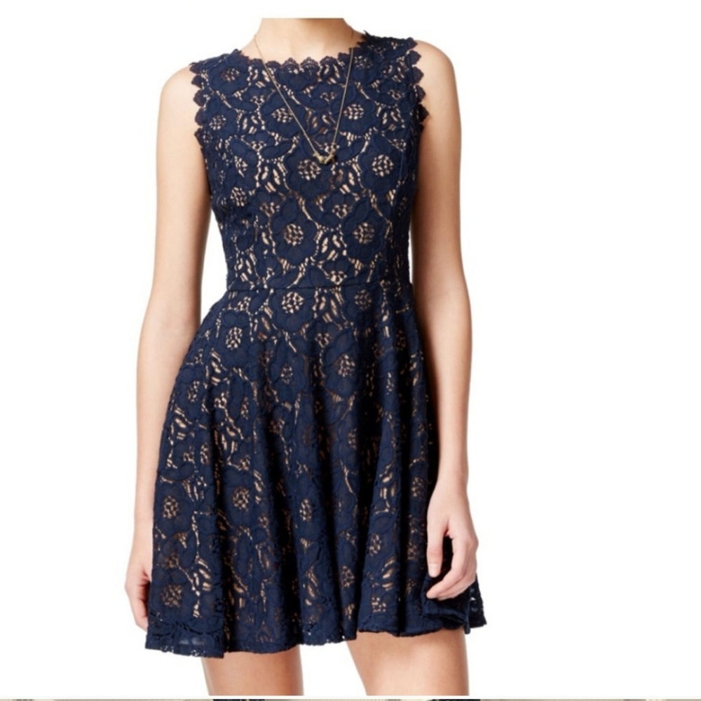 CITY STUDIOS Navy Lace Fit and Flare Dress NWOT